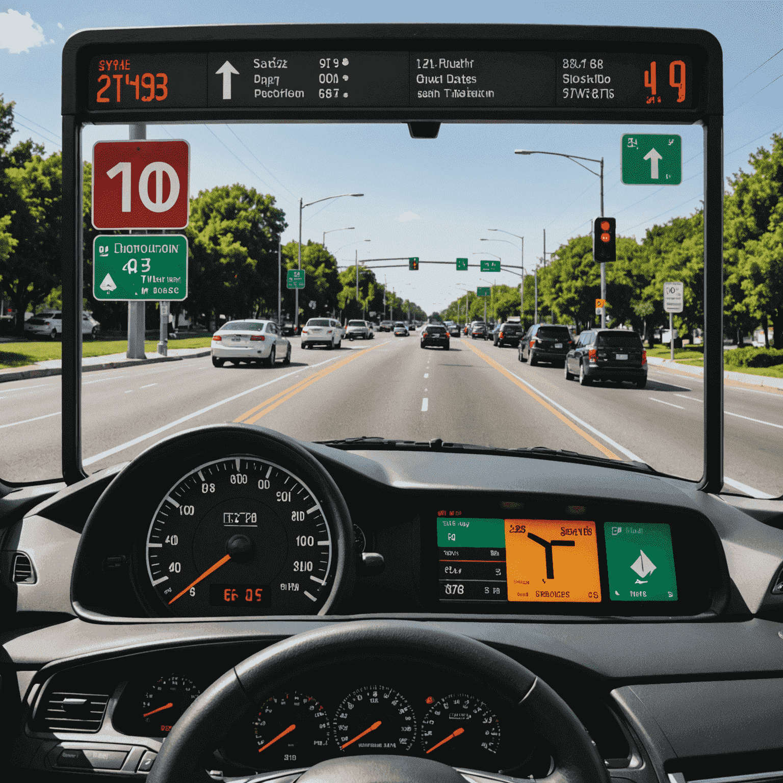 A digital dashboard showing various traffic violations and their corresponding fines. The image includes icons representing different types of violations such as speeding, parking, and red light infractions.