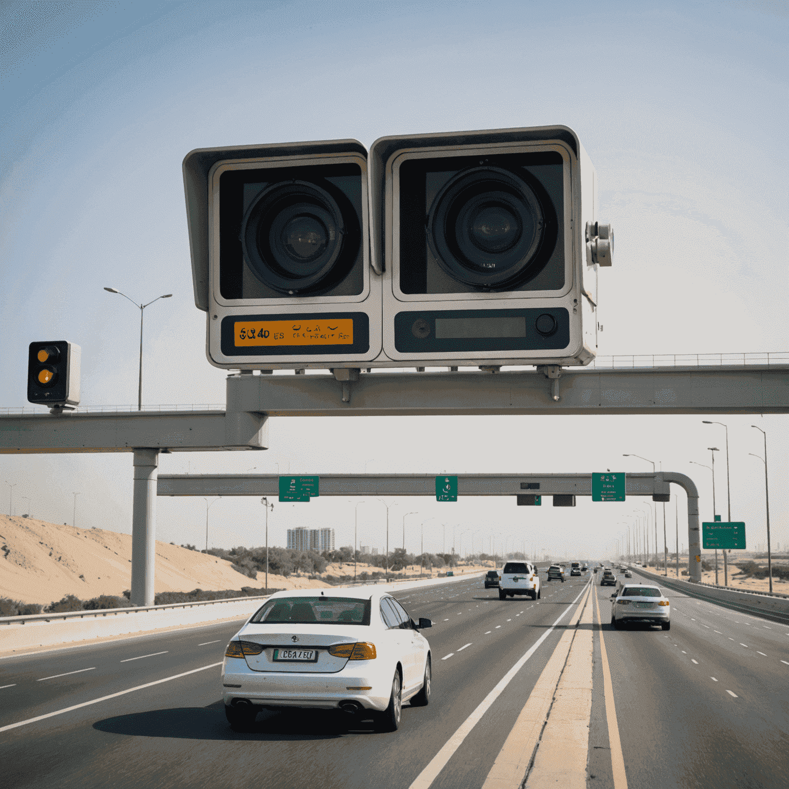 New speed camera installed on a highway in Dubai, with cars passing by and a clear view of the camera