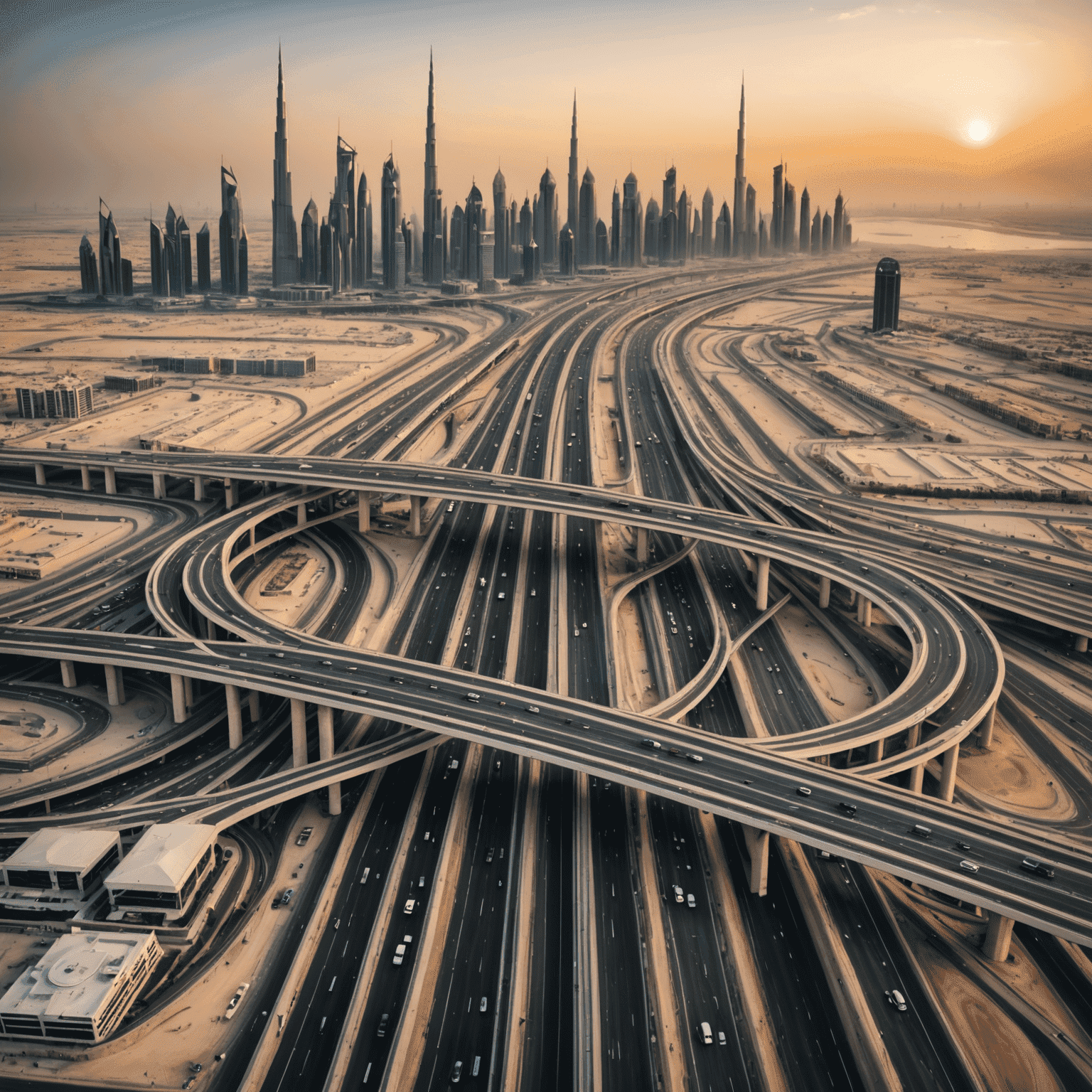 An aerial view of Dubai's highway system with Salik toll gates visible, showcasing the modern infrastructure and busy traffic flow