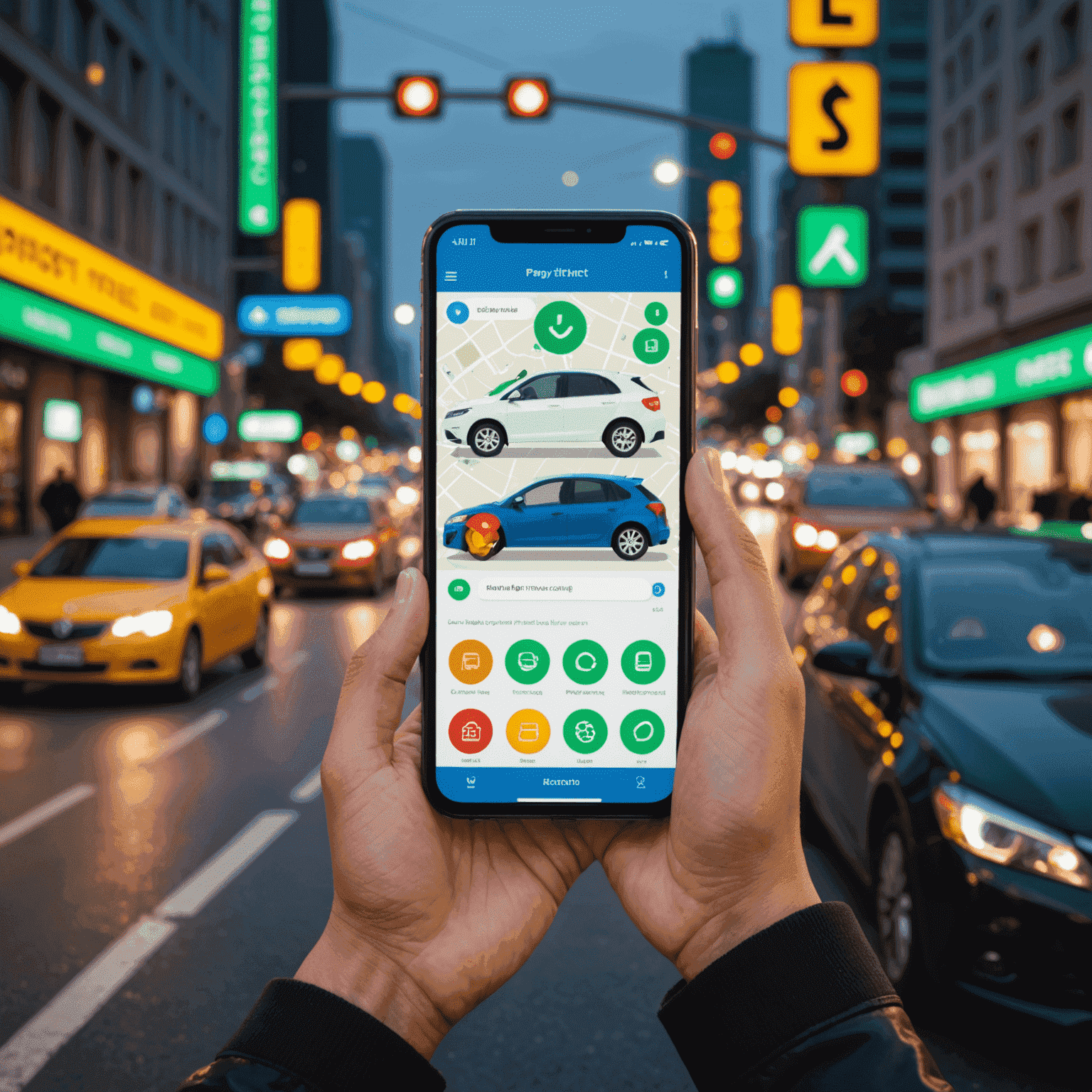 A person using a smartphone to pay traffic fines online, with icons of cars and traffic lights in the background