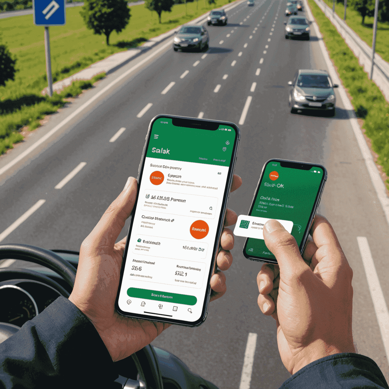 Illustration of a secure online payment process for Salik fines, showing a smartphone with a payment app and a road in the background