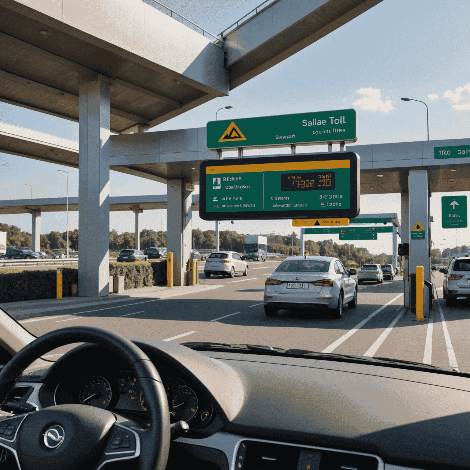 A digital representation of a Salik toll gate with a car passing through and a smartphone displaying a top-up screen in the foreground