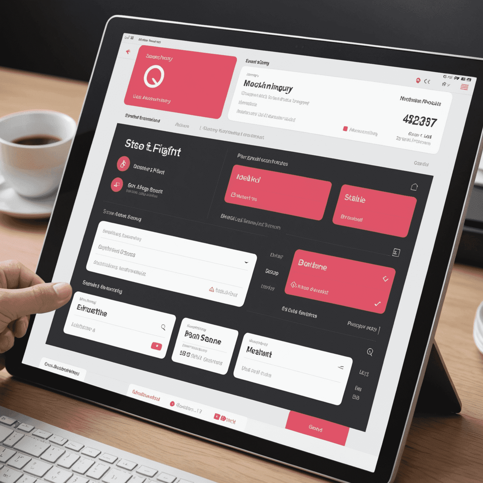 A mockup of the Fine Inquiry dashboard showing a user interface with fine details, payment status, and notification settings. The interface uses a clean design with red, pink, black, and white color scheme.