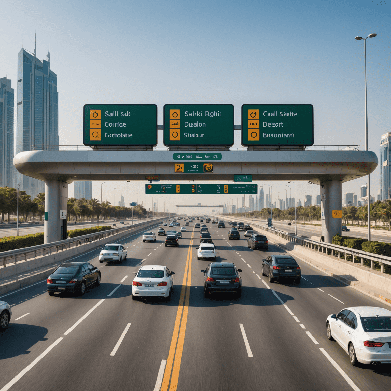 Salik toll gate in Dubai with cars passing through and a digital display showing account balance