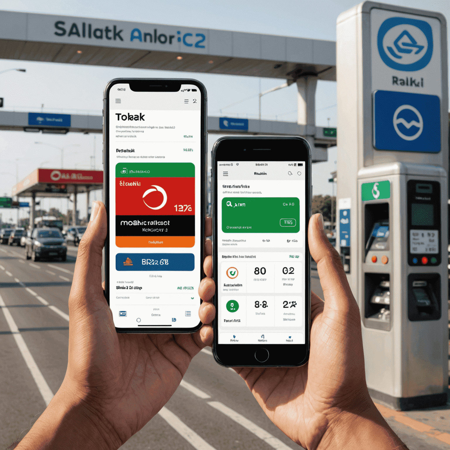 A digital wallet with Salik logo, showing a recharge animation and toll gates in the background