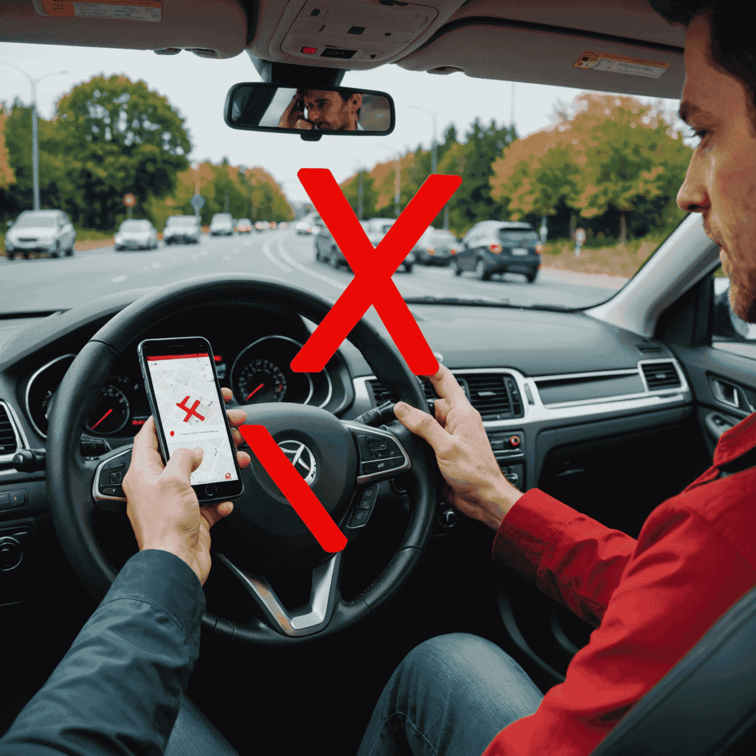 Driver using a mobile phone while driving, with a red 'X' overlay to indicate it's prohibited