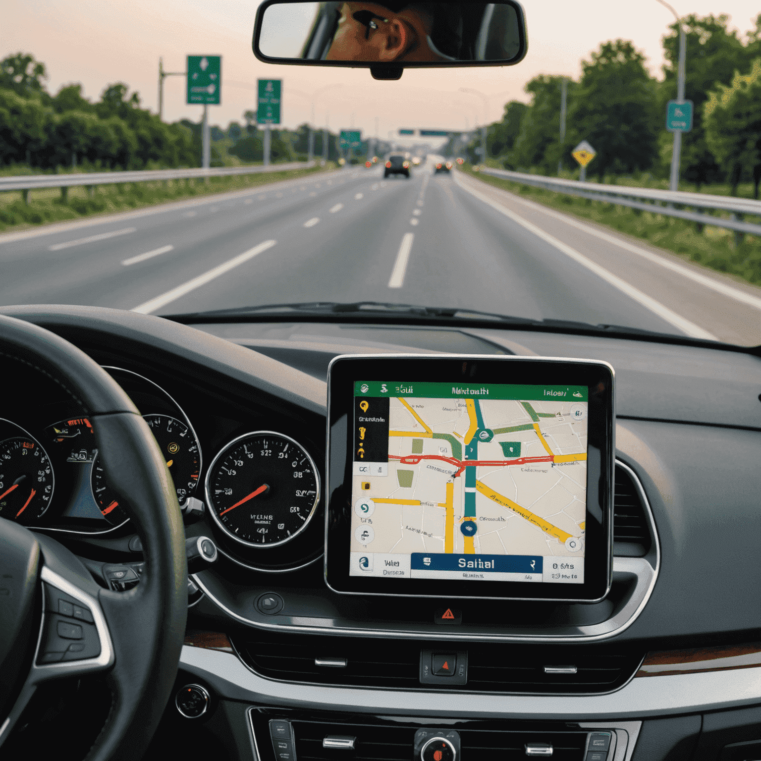 A car dashboard with a navigation system displaying Salik toll information and alternative routes